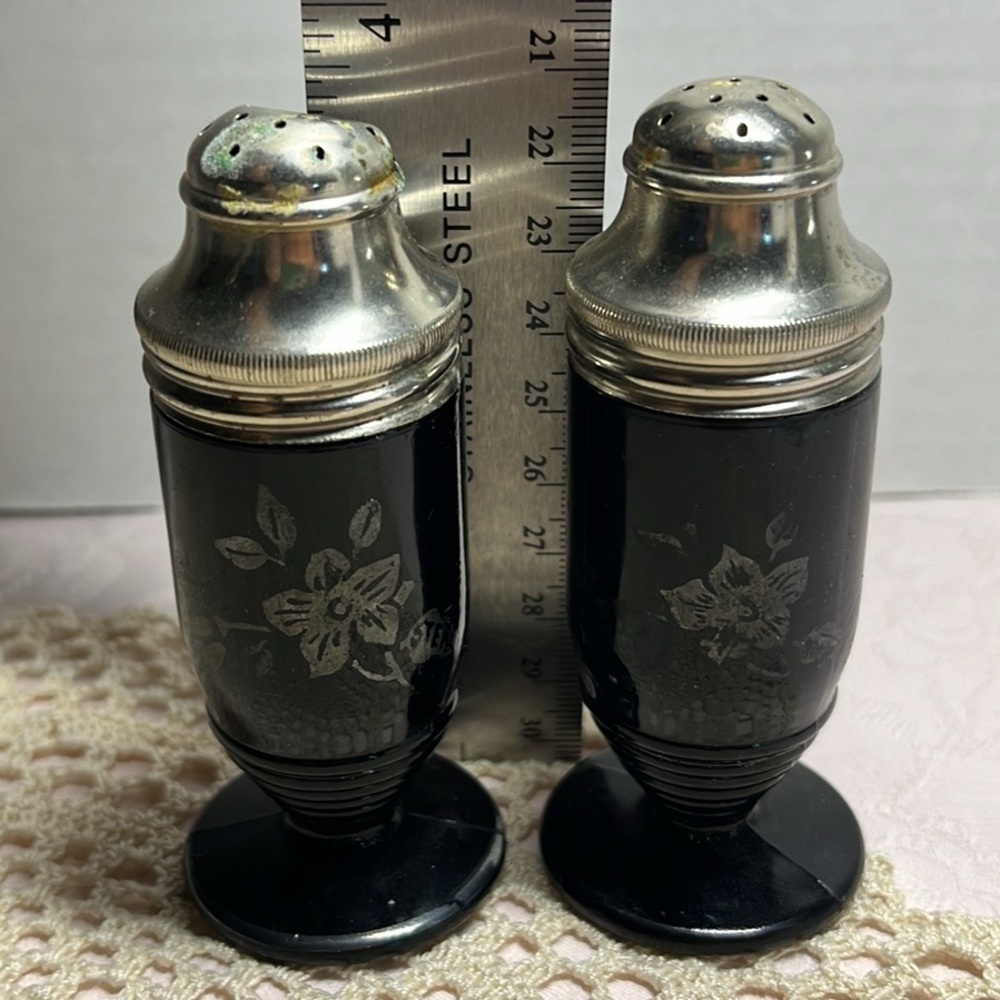 Vintage LE Smith Black Amethyst Salt and Pepper with Sterling Silver inlay